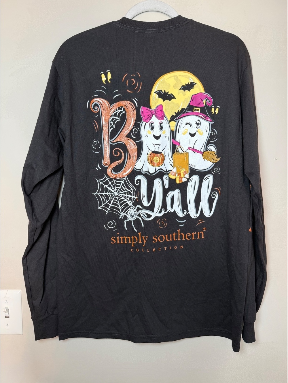 Simply Southern Black Long Sleeve Halloween Ghost Graphic T-Shirt. New. Medium